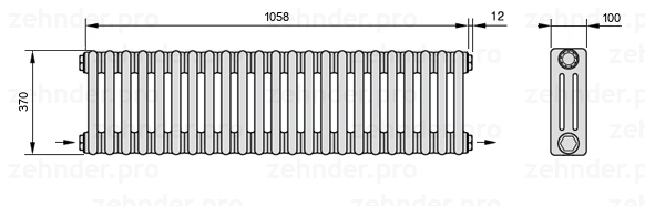 Схема (чертеж) Радиатор Zehnder Charleston 3037/23 №2670 Белый глянцевый RAL 9016